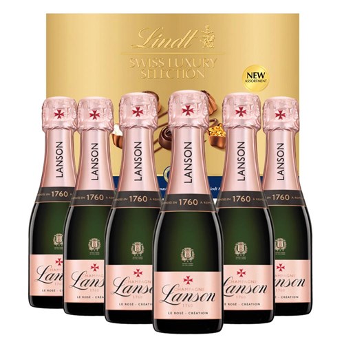 Mini Lanson Le Rose Creation Champagne 20cl Case of 6 with Lindt Swiss Tradition Chocolates 193g